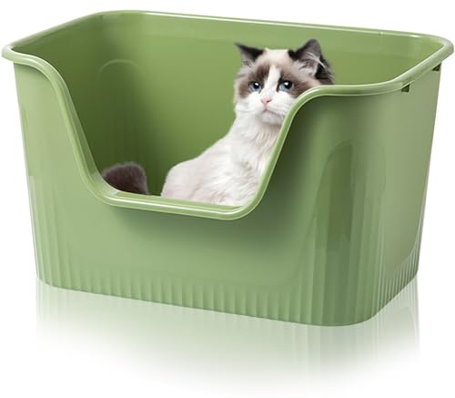 Duscdesp Kattlåda, öppen, stor, 64 x 45 x 33 cm, kattlåda, hög kant utan lock, katter, kattlåda, litter, låda, stänksäker för stora katter, små kattungar, toalett, XXL toalett, grön