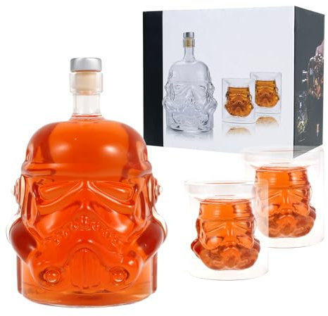 Original Stormtrooper Whiskey Decanter Glass 750ml Transparent Liquor Decanters with 2 Glasses Whisky Decanter and Glasses Set with Rubber Stopper for Whiskey Lovers