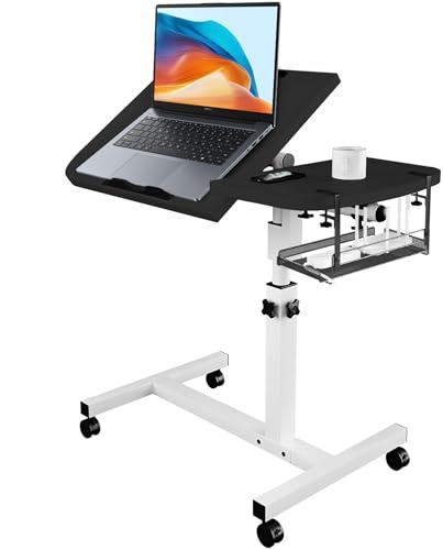 Tavolino regolabile per laptop con scrivania inclinabile, ruote e cestino portaoggetti rimovibile, per casa, ufficio, studio, lettura e recupero, 65-95 cm, nero