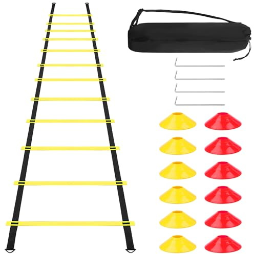 Kit Accessoires Entraînement Football, avec 6M Échelle Agilité, 12 Cônes, 4 Poteaux, 1 Sac Rangement, Echelle Coordination, Équipement Entraînement Vitesse pour Jeunes, Adultes, Basket-ball, Athlètes