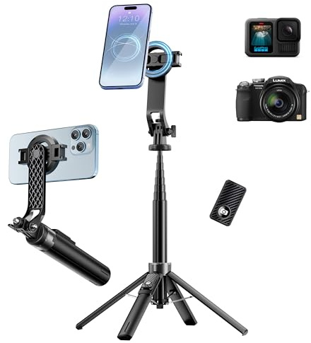 FOURPILLARS 134cm Magnetisches Handy Stativ, Magnet Selfie Stick mit Fernbedienung, Selfie Stick Stativ für Smartphone mit 2 in 1 Telefon Clip & 2 Cold Shoe Mount, Handystativ für iPhone Android