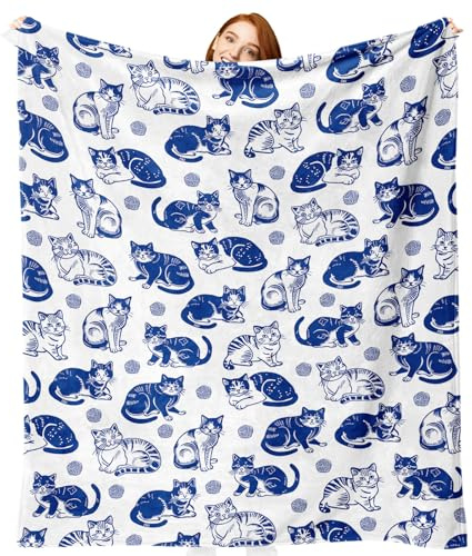 Zzkol Blue White Cat Flannel Throw Blanket, Cute Yarn Ball Birthday Gifts for Kids Men Women Pet Owner Lover, Vintage Soft Blankets for Bedding Sofa 50 x 60