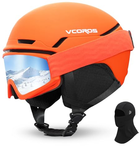Casco da Sci con Occhiali da Sci Passamontagna Casco Sci per Uomo Donna con Cuscinetti Auricolari Rimovibili Ventilazione UV Ski Helmet per Ski (Arancione Opaco+Occhiali da Sci + Passamontagna, S)
