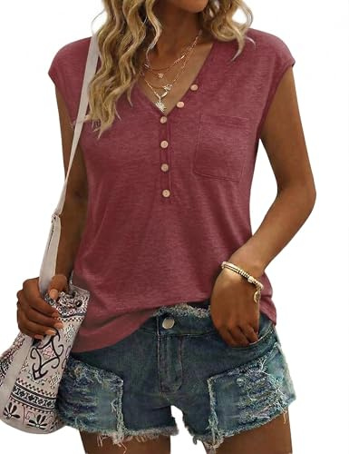 Gyabnw Camiseta Mujer Cuello V sin Mangas Blusa Verano Ligera Suave y Transpirable con Bolsillo para Trabajo y Tiempo Libre | Botones ajustables en el cuello, corte holgado, manga corta, estilo casual para uso diario