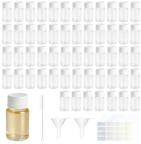 JYYWTSI Set med 55 plastflaskor på 20 ml, genomskinliga, provflaskor, med bladetiketter, återanvändbara flaskor med skruvlock, perfekt för kosmetika, parfym och resor