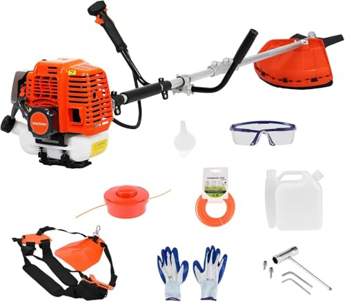 Desbrozadora y cortacésped a gasolina Aislerbee 52CC 2 tiempos, mango recto con sistema anti-vibración, arnés + accesorios para corte de jardín y mantenimiento del paisaje (2 en 1)