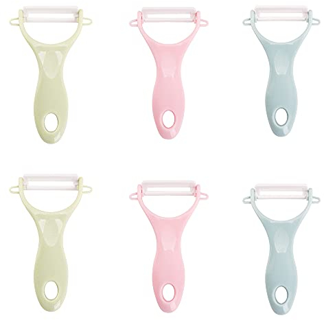 6 Piezas Pelador Ceramico, Pelador de Frutas, Pelador de Verduras, 3 Colores, Multifunción, para Pepino, Papa, Berenjena, Manzana, Pera (Rosa, Azul, Verde)