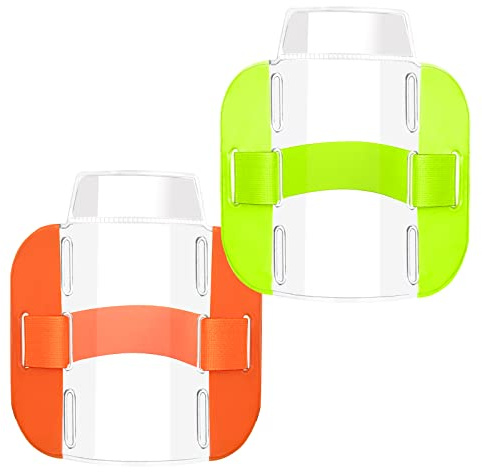 Vicloon Portas Insignias con Brazo, 2 piezas Fundas de Tarjetas de Identificación, Transparente, Correa Ajustable, para Personal de Seguridad y Rescatistas, Taller de Almacén(Verde, Naranja)