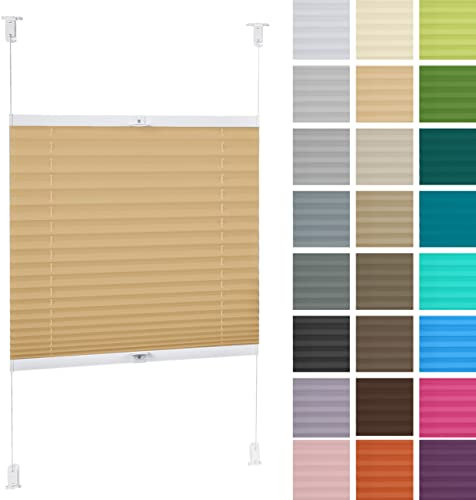 DECOOR Plissee ohne Bohren 140cm x 100cm Faltrollo Rollo für Fenster und Tür Nicht-invasive Fensterjalousien guter Sichtschutz und Sonnenschutz Breite der Überlappung 2 cm Gelb