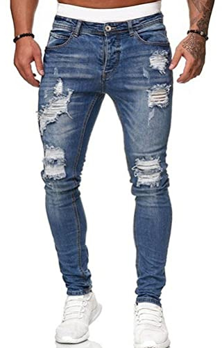 Osheoiso Jeans Uomo Pantaloni Slim Fit Strappato Stretch Skinny Ripped Casual Dritti Denim Pantalon Hip Hop Cargo Moda Chino A Blu M