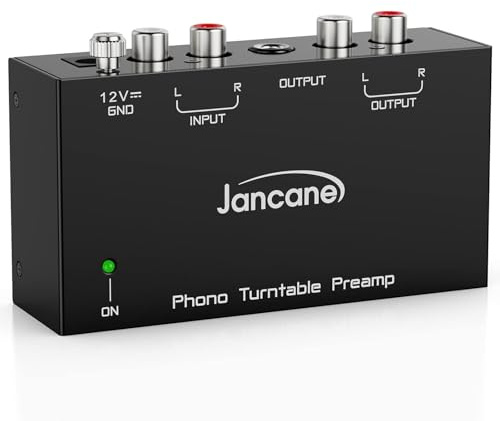 Jancane Phono förförstärkare för skivspelare – mini elektronisk ljudstereo, fonograf, förförstärkare med RCA-ingång, RCA/TRS-utgång, drift med låg ljudnivå, med 12 volt DC-adapter