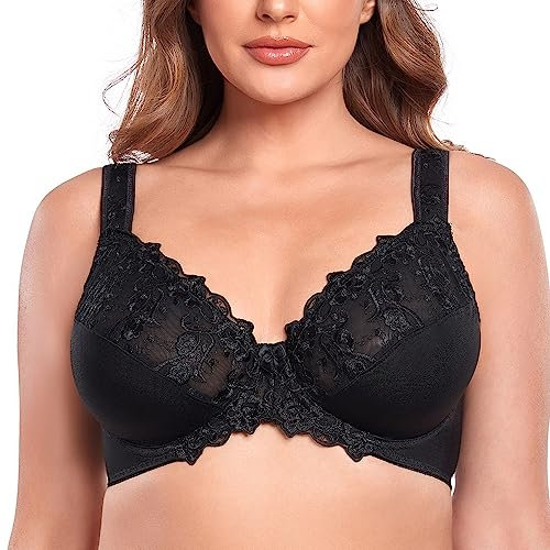 Ayigedu Women's Full Coverage Minimiser Bra Floral Lace Non Padded Plus Size Underwired Bra 38G Black