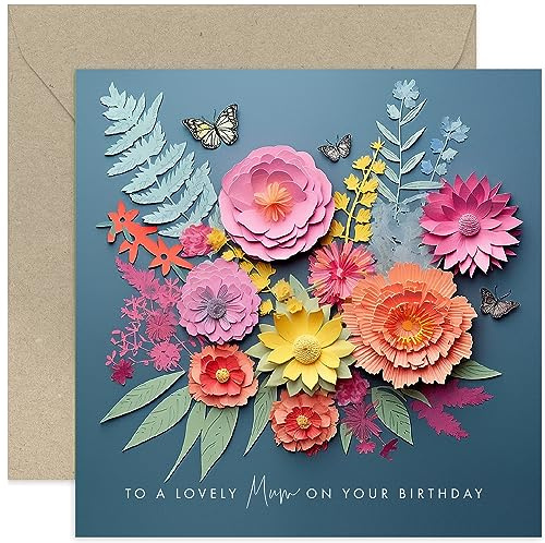 Old English Co. Lovely Mum Birthday Card for Her - Dark Flower Bunch and Butterfly Artwork Birthday Card for Mum from Children - Cute Mum Birthday Card (NOT 3D CARD)