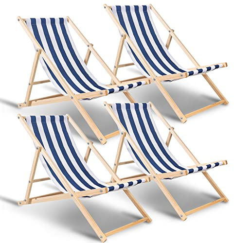 Hebitod Fällbar Solstol i trä, set med 4 stycken, justerbar 120 kg lastbar, solstol för strand, camping, balkong, pool, fällstol, avslappningsstol, strandstol, campingstol, blå och vit