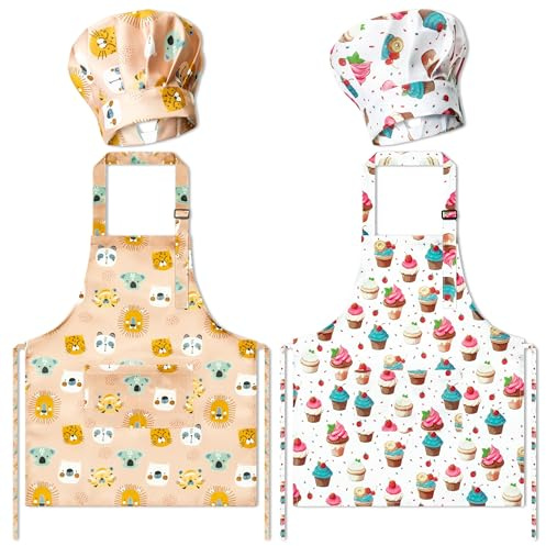 GROBRO7 4Pcs Kids Apron and Chef Hat Set Gift for Girls Boys, Cupcake Animal Prints Adjustable Kitchen Cooking Child Aprons with 2 Pockets Waterproof Smocks for Baking Painting Crafting