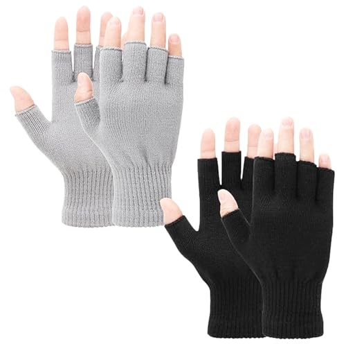 Luxiremi 2 Pair Fingerless & Half Finger Cashmere Warm Gloves - Touchscreen, Stretchy Mittens for Men & Women (Black, Grey)