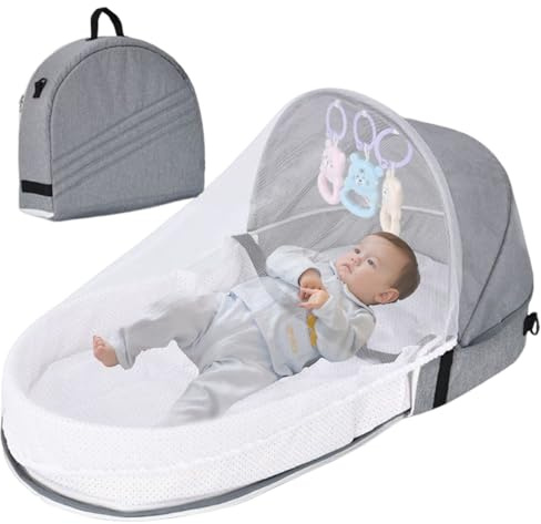 Cama de bebé de viaje, cuna de viaje de bebé portátil de 40x80 cm con dosel y juguetes para guarderías, cama de viaje infantil plegable, poda de viaje liviano para elementos esenciales para recién na