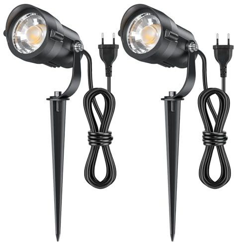 HIBOITEC 2 Pezzi Faretti da Giardino 12W con Cavo 1.5m, Illuminazione Elettrica 2700K Bianco Caldo, 1320 Lumen 270° Regolabile per Cortile, Marciapiede, Terrazzo (Bianco Caldo)