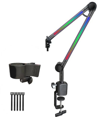 Ksikdeg Bras de microphone à LED pour jeux en continu et podcasts avec perche réglable et éclairage LED