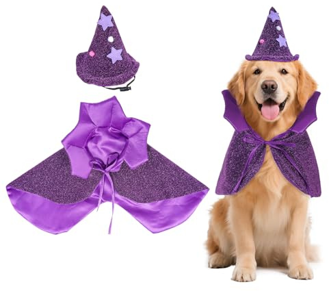 Costumi di Halloween per cani, mantello da strega e cappello da strega per animali domestici, abiti da strega regolabili per cani e gatti di piccola e grande taglia, ideali per Halloween e carnevale