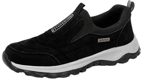 Slip On Trainers Men Walking Shoes with Arch Support, Lightweight Mesh Lining Hiking Shoes, Wide Toe Non-Slip Work Trainers, Waterproof Mountain Trekking Athletic Trainer, Travelling, Camping Black