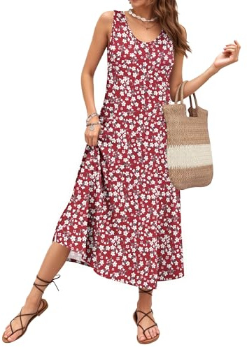 AUSELILY Vestido de Verano Mujer sin Mangas Corte en A Largo Maxi Informal con Cuello en U Holgado Ideal para la Playa y Vacaciones con Bolsillo Flores Rojas L
