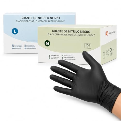 Guantes Nitrilo Negro 100 Uds | Dispositivo Médico Clase I + EPI Cat. III | Sin Polvo Sin Látex | EN455 EN374 ASTM F1671 | Multiuso Sanitario Laboratorio | Talla M/L (Negro, L)
