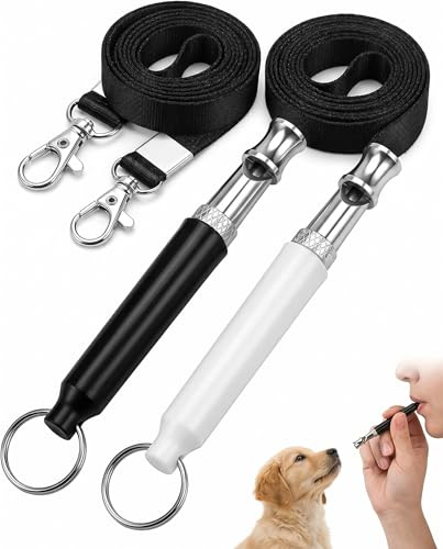 XUKZIMA Fischietto Addestramento Cani 2 Pezzi Nero Bianco con Cordino, Ultrasuoni Professionale a Frequenza Regolabile per Richiamo, Anti Abbaio e Buon Comportamento