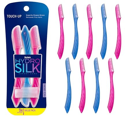 Schick Hydro Silk Herramienta exfoliante de retoque Dermaplaning, maquinilla de afeitar facial y cejas con cubierta de precisión, 9 unidades, maquinilla de afeitar Dermaplaning para mujer