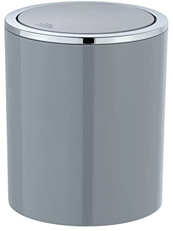 WENKO Mini Poubelle Salle de Bain 2L, Poubelle à couvercle basculant, Inca Gris, Ø 14 x 16,8 cm