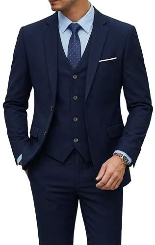 YND Men's Slim Fit 2 Button 3 Piece Suit Set, Blazer Jacket Vest Pants and Tie, Solid Wedding Dress Tux and Trousers Deep Blue
