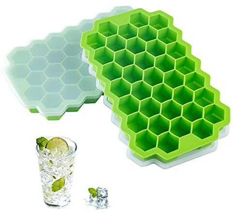 2 PCS Premium Ice Cube Trays, AUSSUA Silicone Ice Cube Molds with Sealing Lid, 74-Ice Trays, Reusable, Safe Hexagonal Ice Cube Molds, for Chilled Drinks, Whiskey, Cocktail, Food
