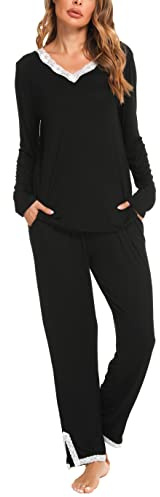 Lovasy Ensemble de Pyjama Femme Cotton Sexy Hiver Grande Taille Ensembles Manche Longue Col en V 2 Pièces Sensuel Dentelle pour Automne Noël,Noir,XXL