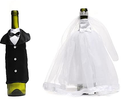 2 Stück Kleidung Brautpaar für Champagnerflaschen, Champagnerglas Sektglas Hochzeitsdekoration,Flaschenhülle Kleidung Brautpaar Hochzeitskleid Hochzeitskleid Hochzeitsanzug Tischdekoration (A)