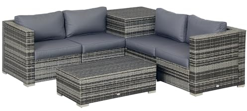Outsunny 6 Pieces Rattan Garden Furniture Set, 4 Seater Wicker Garden Corner Sofa Set with 2 Storage Tables and Loveseats, Outdoor Conversation Furniture with Cushions for Conservatory, Patio, Grey