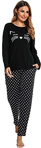 Les-Theresa Ensemble Pyjama avec Chemise À Manches Longues pour Femme，Ensembles de Pyjama avec Motif Chat Imprimé Dessin animé，Pyjama Doux à col Rond pour Femme