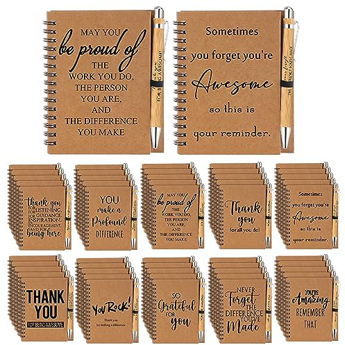 Honoson 50 Sets Spiral Notebooks Sets Employee Appreciation Gifts Bulk Inspirational Journals with Retractable Bamboo Pens Encouragement Notepad Thank You Gifts for Staff Teacher Coworker