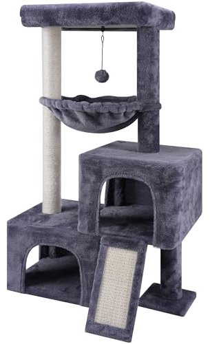 AIWIKIDE 37.4 Cat Tree Tower with Twin Cat Condos for Indoor Cats, All-in-One Activity Center with Cat Scratching Post Cozy Sleeping Perch Hammock and Toy Balls,Grey