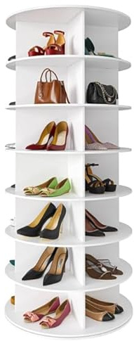 Zapatero giratorio de 360° con soporte de exhibición, estante de esquina de 7 capas de gran capacidad, armario de 4 compartimentos, para 28 pares de zapatos, bolsos y libros (blanco)
