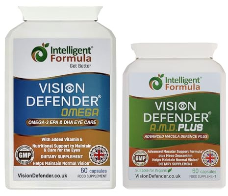 Vision Defender & Omega Integratori per gli Occhi Bundle - AREDS2 con Luteina Zeaxantina Meso-Zeaxantina - Omega-3 Olio di Pesce (EPA, DHA) - 120 Capsule - Prodotto nel UK