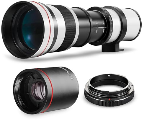 High-Power 420-1600mm f/8.3 HD Manual Telephoto Zoom Lens for Canon EOS 80D, 90D, Rebel T3, T5, T7, 70D, 5D, 6D II, 7D II Cameras WHITE