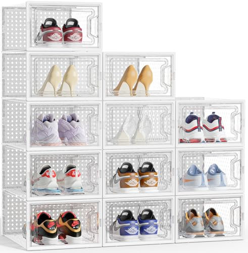 HOMIDEC 12 pcs Scatole per Scarpe,Scatole Portascarpe in Plastica Trasparenti impilabili, Contenitori Portascarpe con Coperchi per donna/uomo,33.2 x 23.5x 14.5 cm