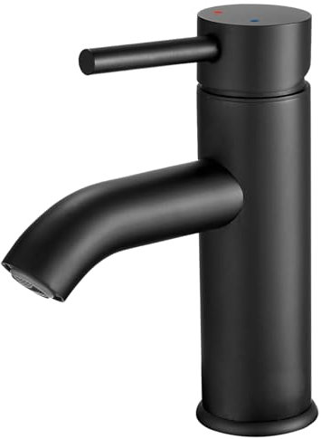 GENBONS Robinet de salle de bain design en noir mat – Mitigeur monocommande 1 trou, installation facile, acier inoxydable 304 sans plomb, raccord standard G3/8