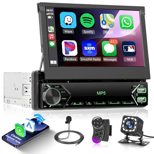 Rimoody Single Din Wireless Carplay Android Auto Car Stereo, 7'' Flip Out Touch Screen Car Radio 1 Din with Bluetooth FM Radio EQ TF/USB/AUX + Rear View Camera