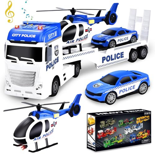 Herefun Polizei Lastwagen Spielzeug (60 cm), Groß LKW Spielzeug, Polizei Tieflader mit Polizeiauto und Hubschrauber, Geschenk für Kinder Jungen 3, 4, 5, 6+ Jahren (Polizei)
