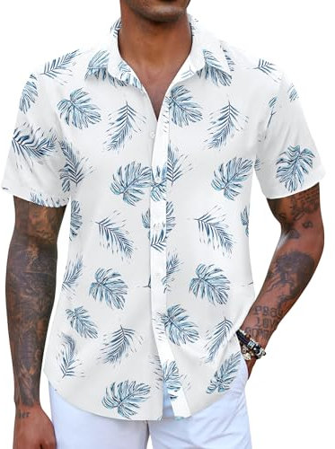 COOFANDY Hawaii Herren Hemd Männer Kurzarm Sommerhemd Print Hawaiihemd Button Down Strand Hemd Weiß L