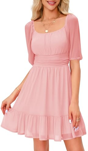 Imily Bela Abito da donna con scollo quadrato, in rete, a vita alta, pieghevole, a maniche lunghe, con volant, 1-rosa, XL
