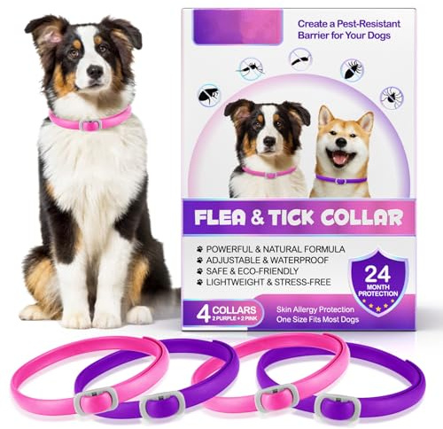 Zeckenhalsband für Hunde 4 Stück, Zecken-Flohschutz Halsband für Hunde, Verstellbar Flohhalsband für Hunde 60 cm, 24 Monate wirksamer Schutz gegen Zecken Und Flöhen | Wasserfest