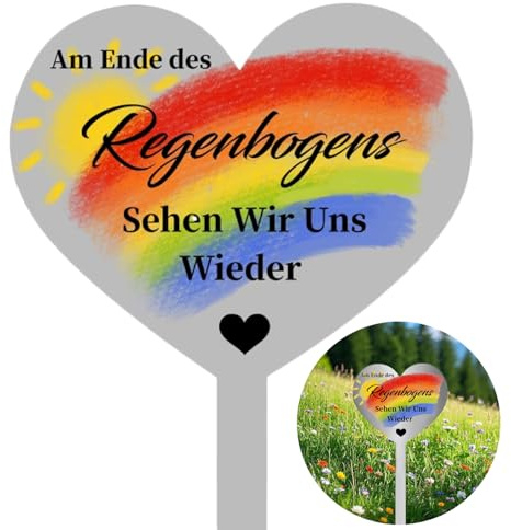 Grabschmuck Wetterfest, Grabstecker Metall Herz, Grabdekoration Wetterfest mit Spruch Am Ende Des Regenbogens Sehen Wir Uns Wieder Grab Deko Guter Hoffnung Gedenktafel für GäRten, HöFe & Trauer