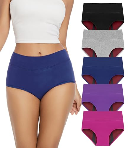 Bobelle Wear Incontinence Pants for Women, 100ml Absorbency High Waisted Period Underwear, Washable Reusable Menstrual Knickers, Heavy Flow Bladder Leak Cotton Briefs 5 Pack (Multicolor01, XL)